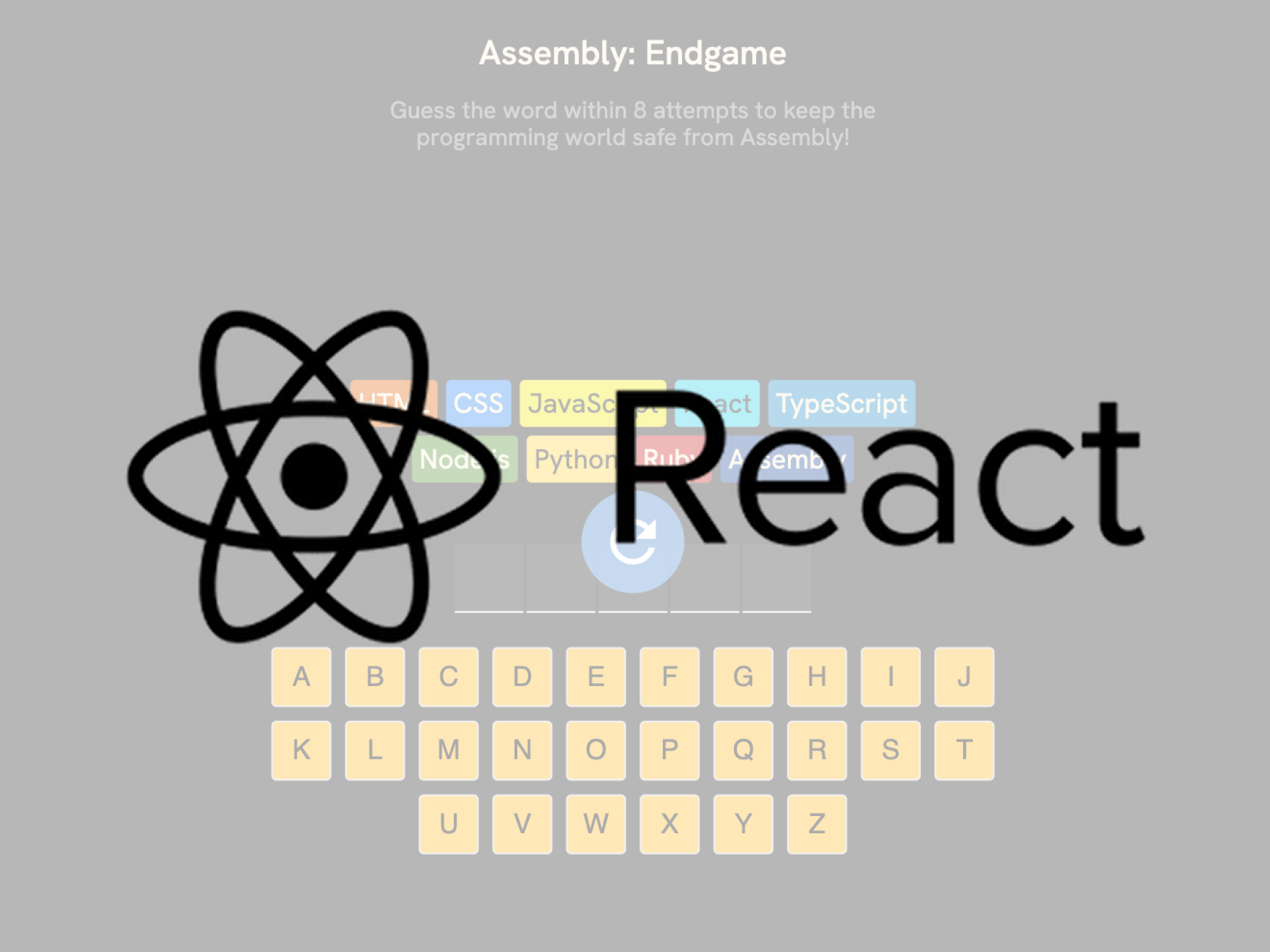 Screenshot of React Tenzies project with React logo overlaid